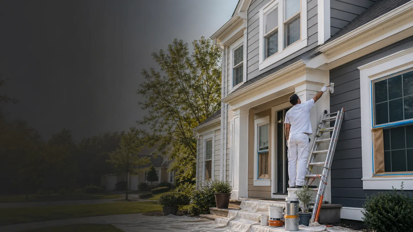 Painter preparing exterior trim while windows and landscaping are protected
